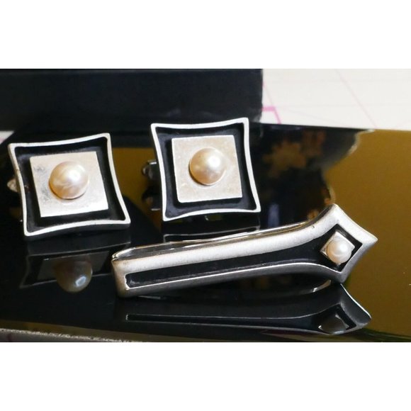 Moderniest MCM Sterling Silver & Pearl Jewelry Set Cufflinks Tie Bar Signed V - Picture 6 of 11